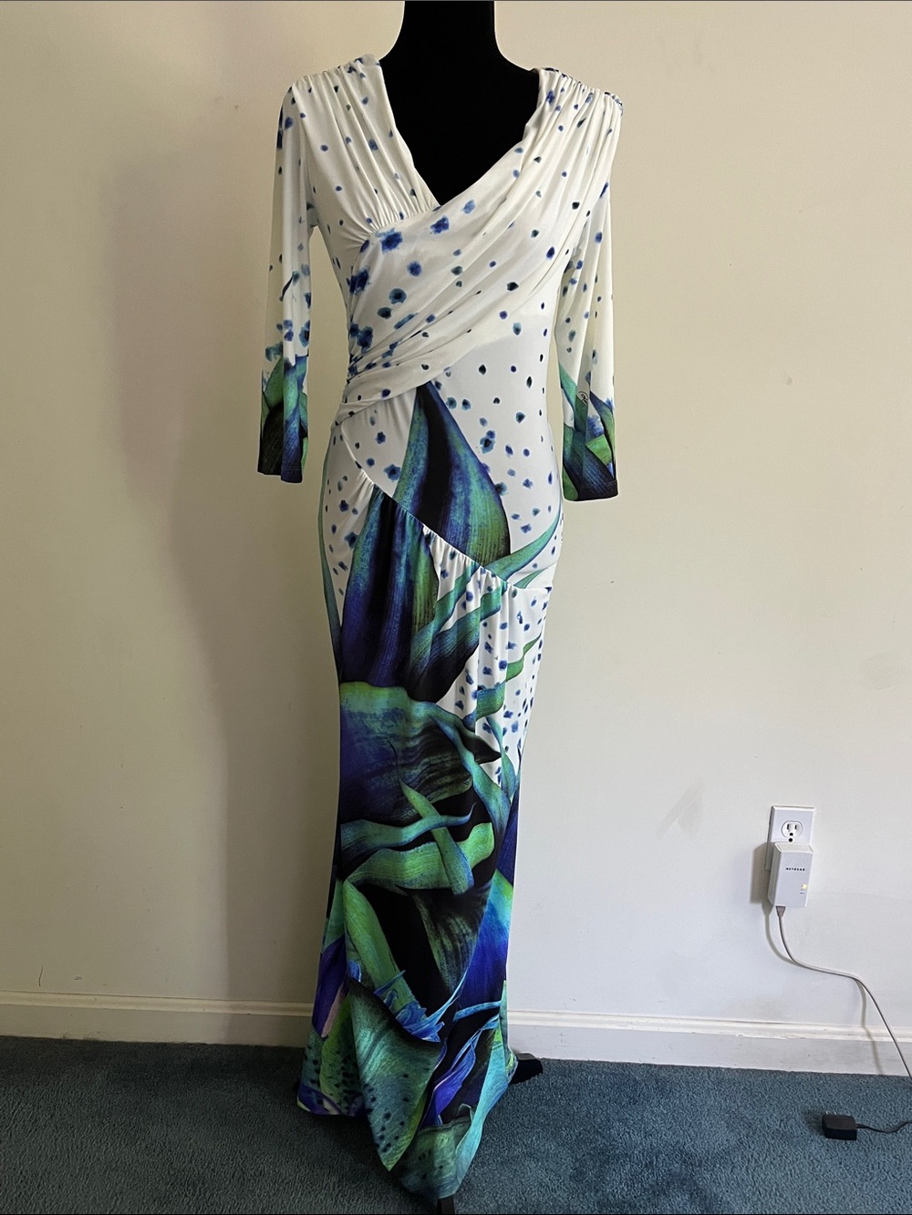 Roberto Cavalli Maxi Dress Tropical Floral Wrap Blue Green and White IT 46 Large - Picture 1 of 13